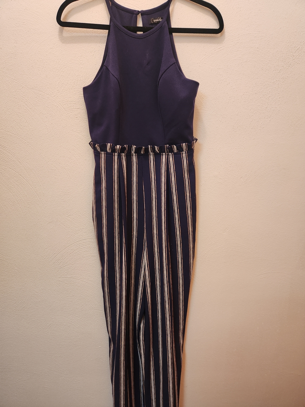 Speechless Navy Halter Striped Jumpsuit With Build In Padding Size XS